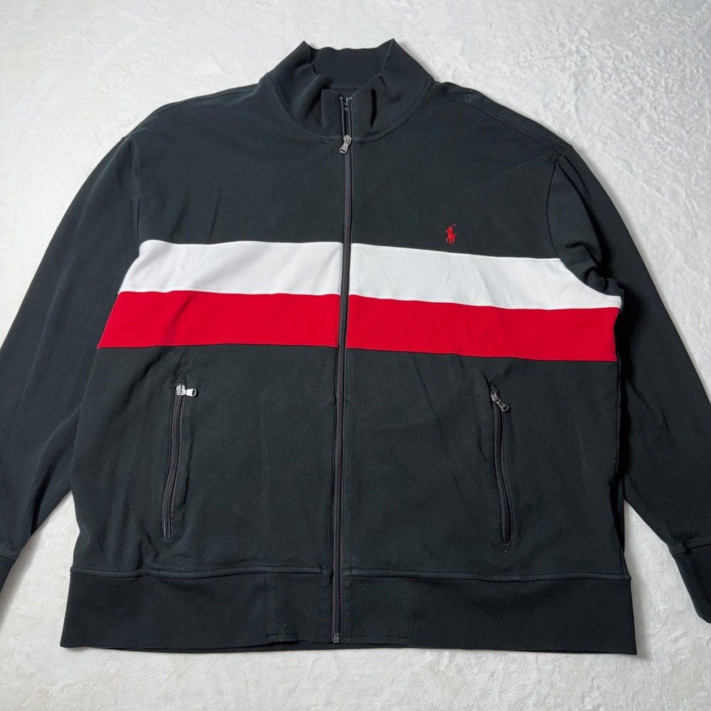 Polo Ralph Lauren Size 2XB Black Contrast Panel Cotton Track Full‎ Zip Jacket